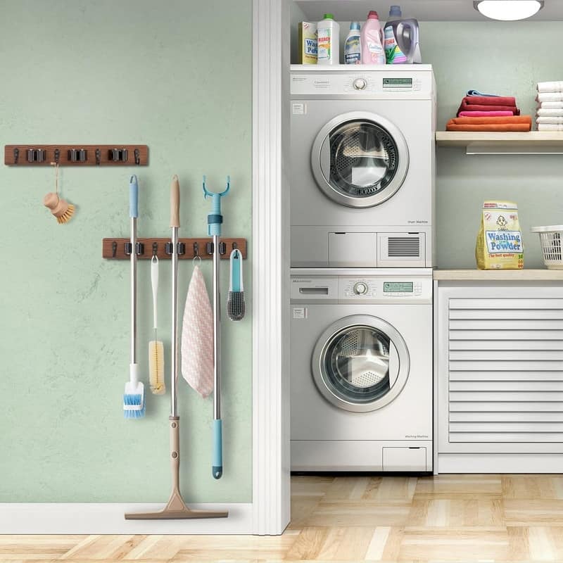 Wood Mop Broom Holder Wall Mount with 3 Slots & 4 Hooks