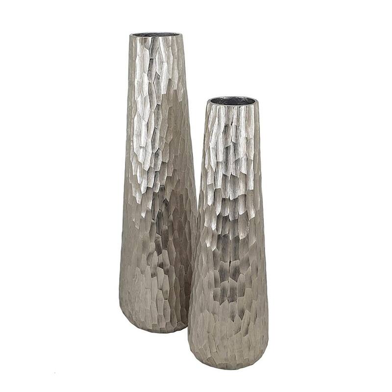 Set of Two Silver Cast Aluminum Textured Table Vases - 15.40