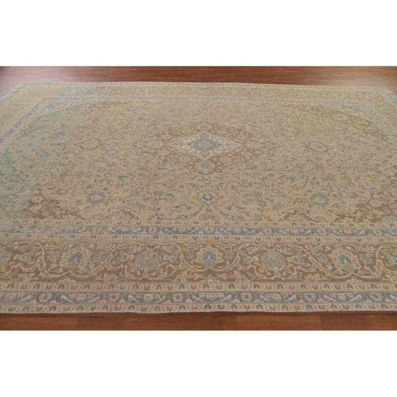Muted Distressed Kashan Persian Antique Rug Hand-knotted Wool Carpet - 9'3" x 13'4"