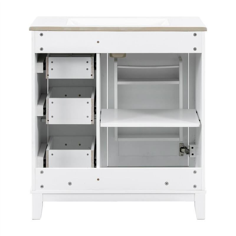 30'' Bathroom Vanity with Ceramic Sink, Freestanding Bathroom Vanity Cabinet with 3 Drawers, 1 Soft Close Door and Storage Rack