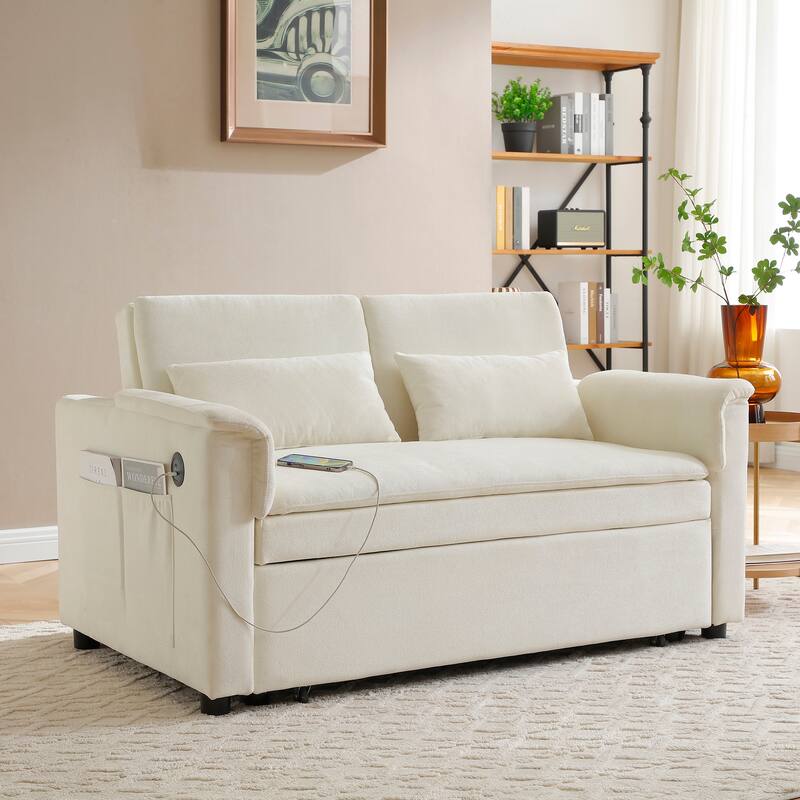 55" Velvet 2-Seater Convertible Sofa Bed, 3-in-1 Pull-Out Loveseat with Adjustable Backrest, USB Ports, Side Pockets - Beige