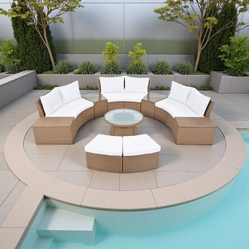 10-Piece Patio Sectional Curved Outdoor Rattan Sofa Set with Cushions, Storage Boxes, Ottomans, Tables and Glass Top - White