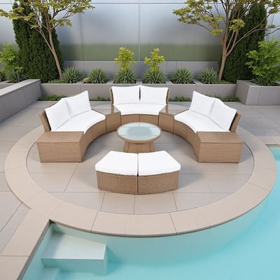 10-Piece Patio Sectional Curved Outdoor Rattan Sofa Set with Cushions, Storage Boxes, Ottomans, Tables and Glass Top