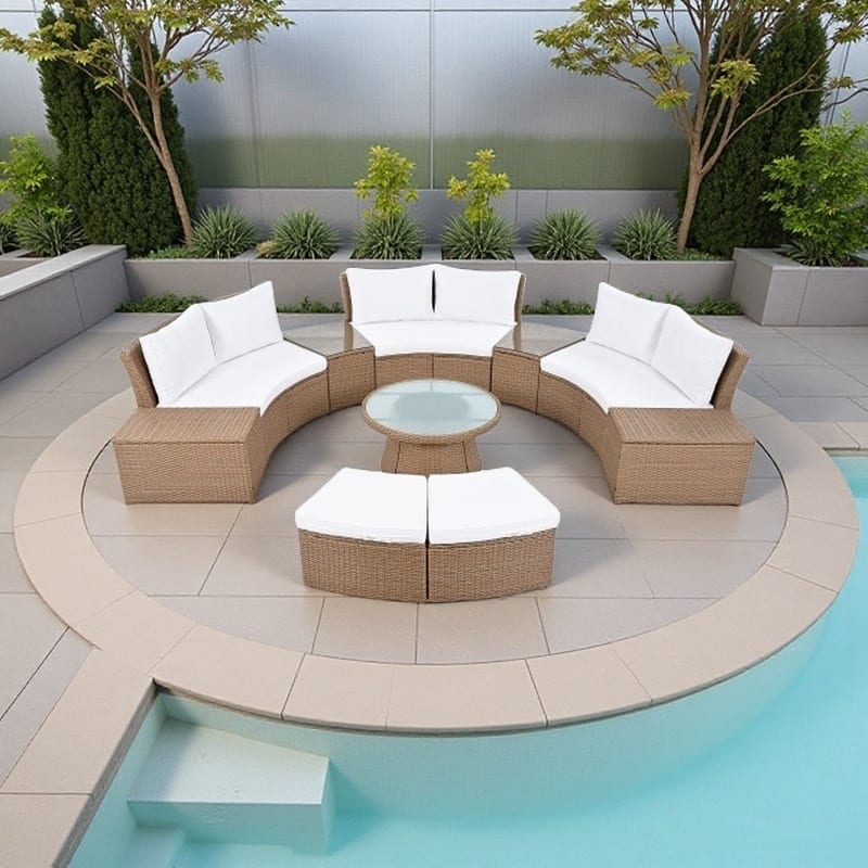 10-Piece Patio Sectional Curved Outdoor Rattan Sofa Set with Cushions, Storage Boxes, Ottomans, Tables and Glass Top