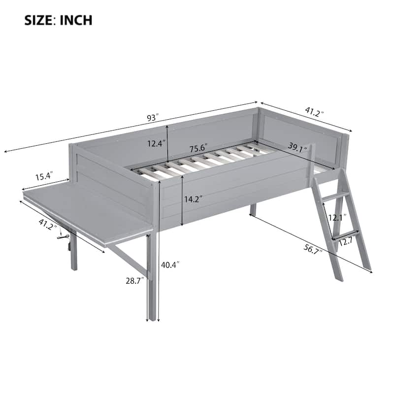 Grey Full Size Wooden Loft Bed with Built-in Gaming Desk, Multi-Color LED Lighting, and Space-Saving Design for Kids and Teens