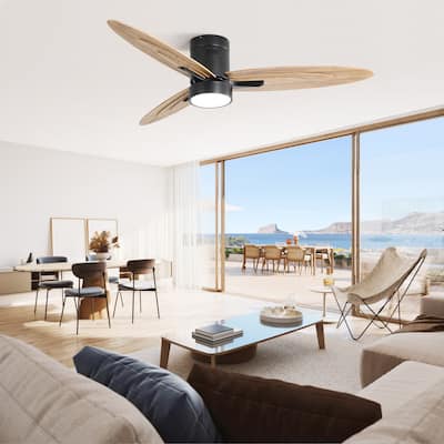 56 Inch Flush Mount Ceiling Fan with Light, Remote LED Ceiling Fan Lights with 3 Solid Wood Blades, Reversible DC Motor