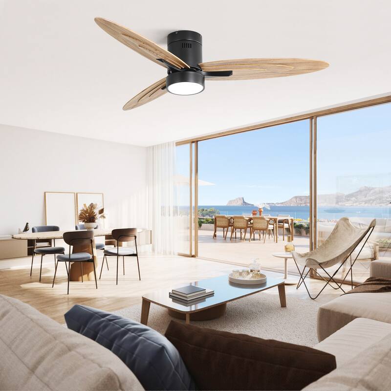 56 Inch Flush Mount Ceiling Fan with Light and Remote Control, 6-Speed Reversible Ceiling Fan for Living Room Bedroom, Black
