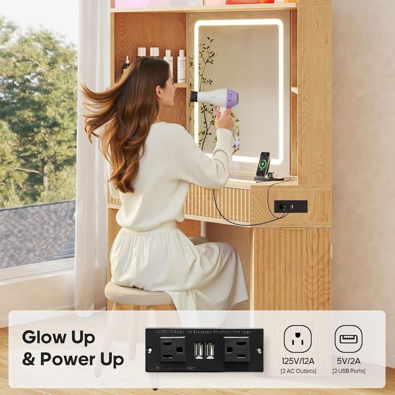 Corner Vanity Desk with Lighted Mirror Drawers Shelves Storage Stool