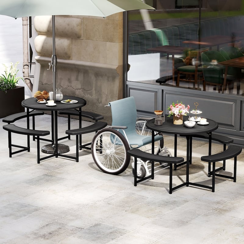 HDPE Round Picnic Table Set with 4 Benches and Umbrella Hole Perfect for Patio or Balcony