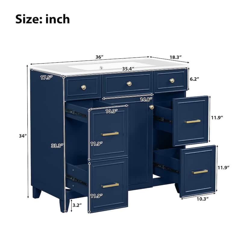 36" Wood Vanity with Ceramic Sink, Soft-Close Doors, Shelves, and Deep Drawers for Storage.