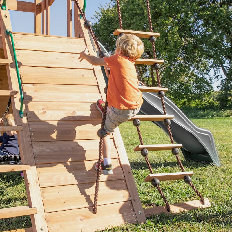 Backyard Discovery Endeavor Cedar Wood Swing Set, Slide, Play Deck