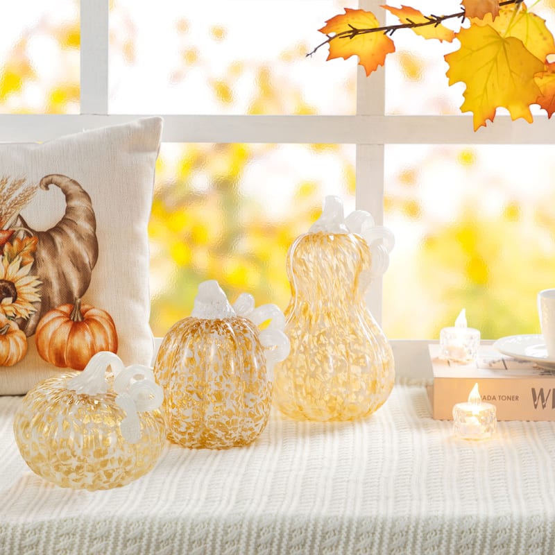 Glitzhome Fall Harvest Handblown Glass Pumpkins Set Thanksgiving Table Centerpieces - Set of 3-Amber White Dots