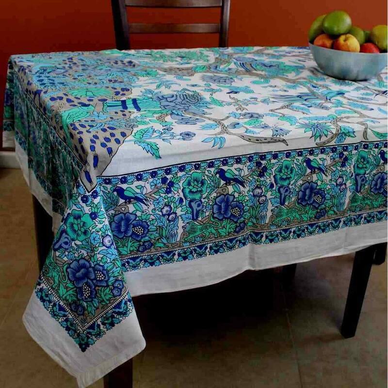Vibrant Cotton Floral Tree Of Life Tablecloth Collection - 72 x 72 in - Blue and Turquoise