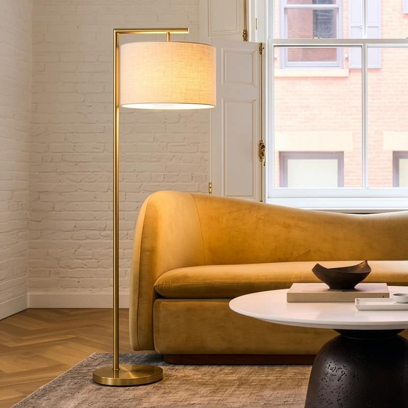 Brightech Montage Modern 60 in. Modern LED Super Bright Floor Lamp with White Fabric Drum Shade - Brass
