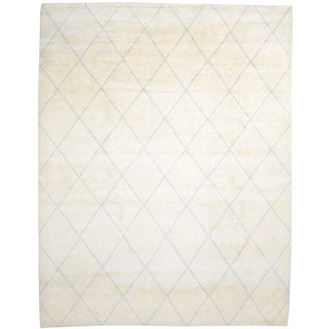 One of a Kind Hand-Knotted Modern 9' x 12' Diamond Wool Ivory Rug - 9' x 12'