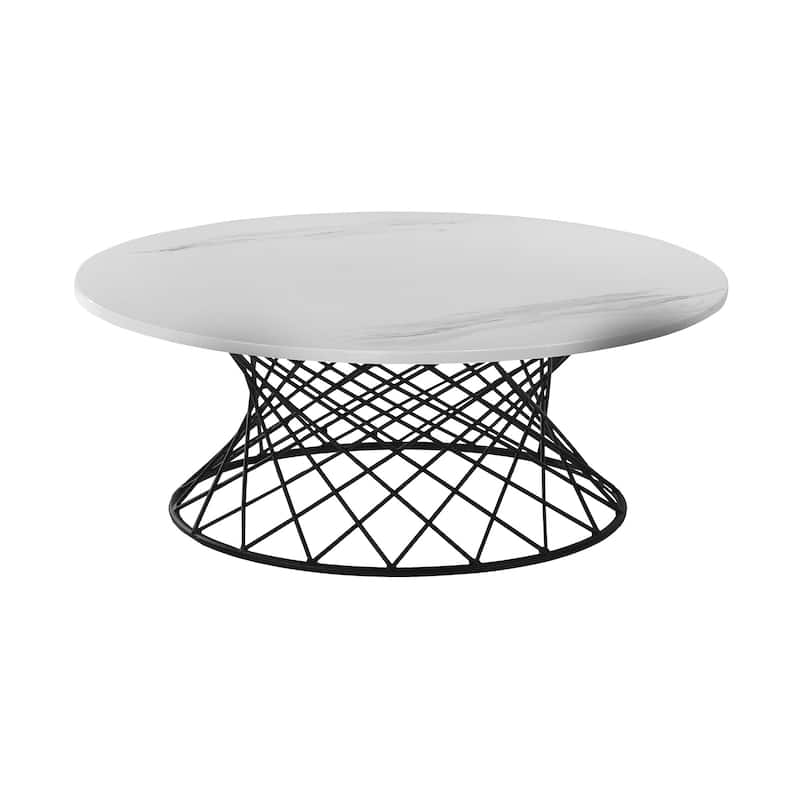 HomeRoots 36" White And Black Genuine Marble And Metal Round Coffee Table - 36' X '14' X '36