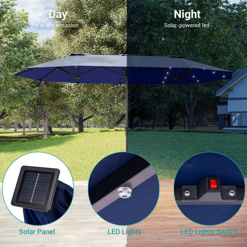 BONOSUKI 13 x 7.2ft Solar-Powered LED Double-Sided Patio Umbrella with Large Canopy Outdoor Table Umbrella for Garden, Navy Blue
