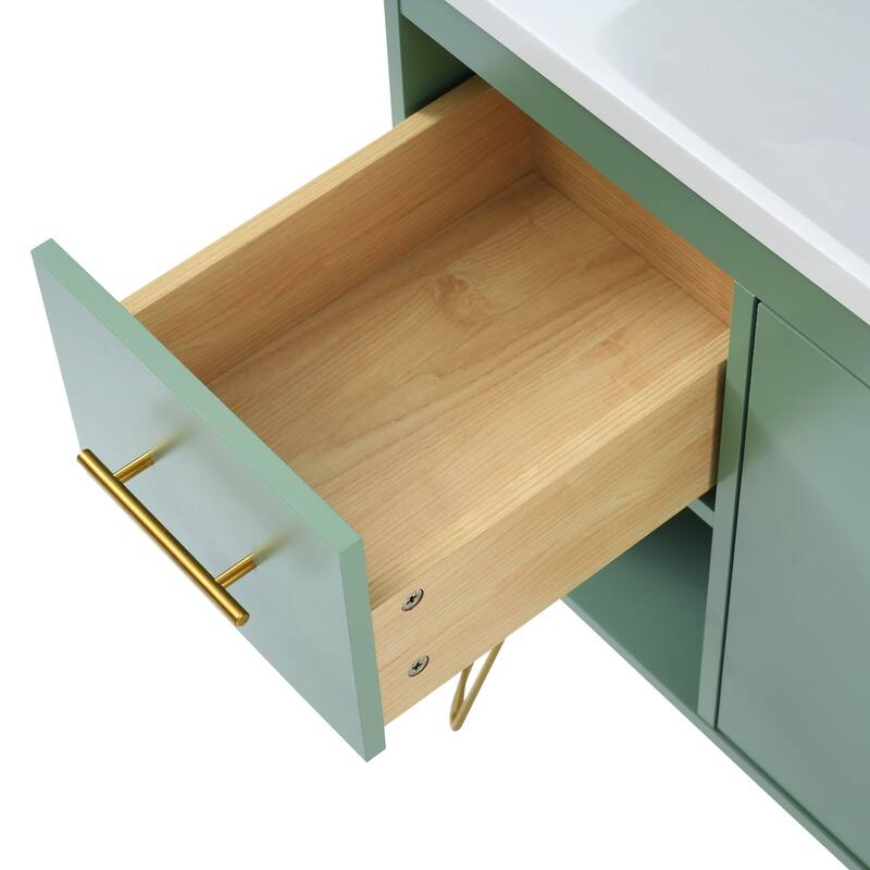Freestanding Green Storage Cabinet for Bathroom Vanity with Resin Sink, 2 Drawers, 2 Storage Compartments and Gold Handles