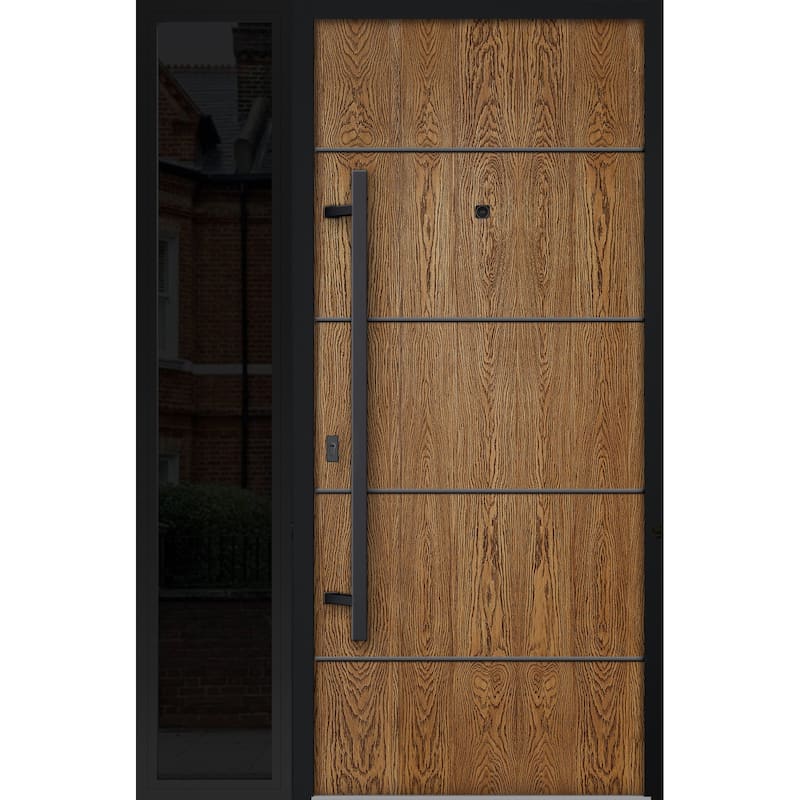 Exterior Prehung Steel Entry Door 0131 Black Enamel 2 Sidelites Top Window Stainless Steel Inserts W16+36+16xH80+16 - Beige - 52 x 80