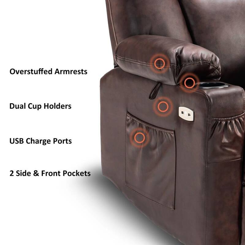 Mcombo Electric Power Recliner with Massage & Heat, Extended Footrest, 2 USB Ports, Side Pockets, Cup Holders, Faux Leather 8015