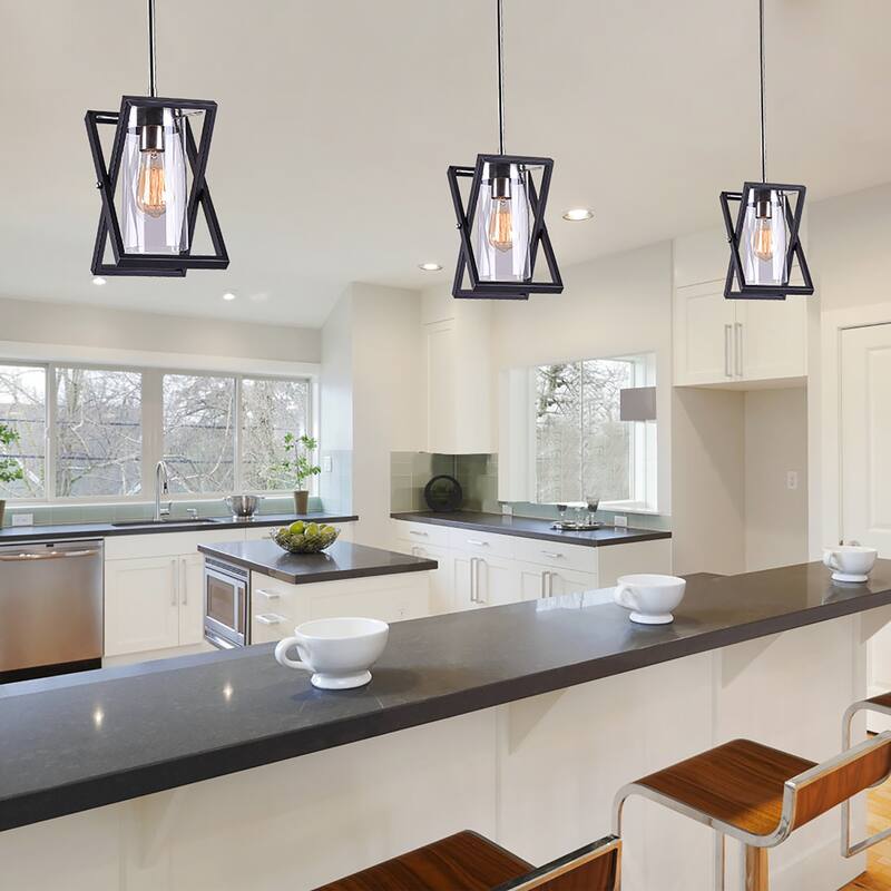 Katie Matte Black+Grey Abstract Metal Frame 1-Light Pendant with Cylinder Clear Glass Shade