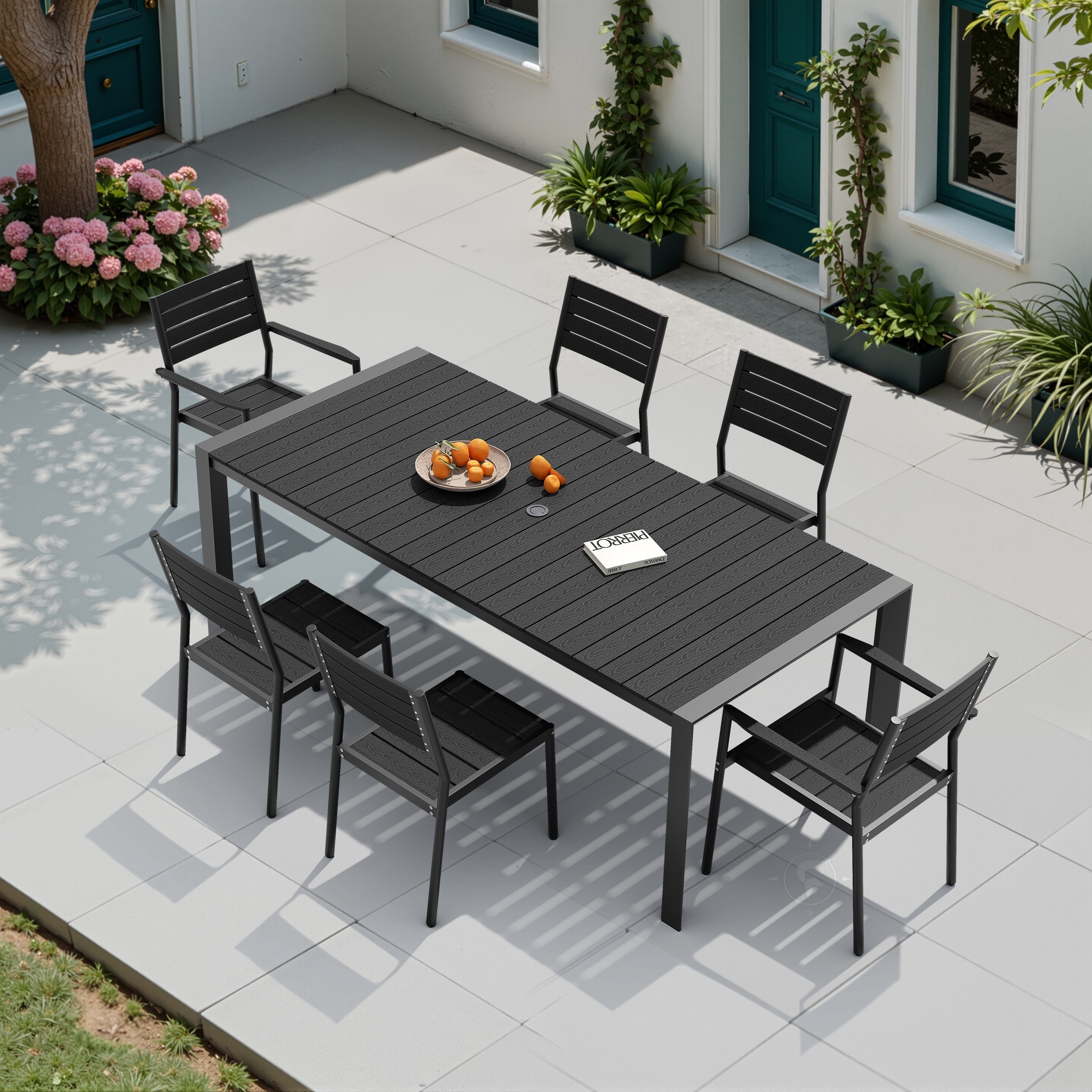 7-Piece Outdoor Patio Dining Set Wood Like Table Top Aluminum Rectangular Umbrella Hole Table with Stackable Dining Chairs