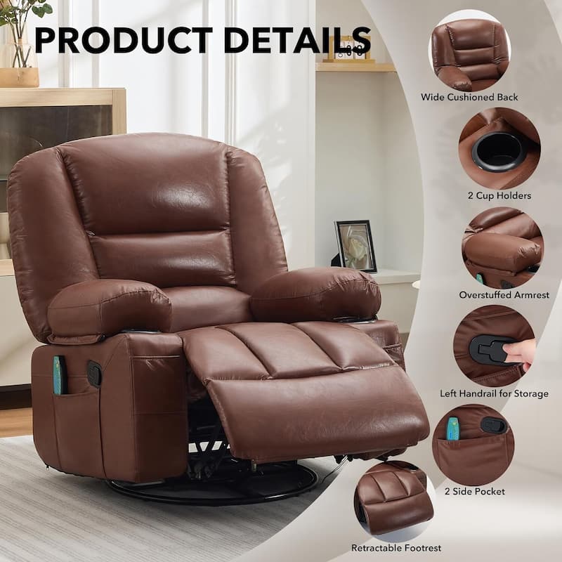 360° Swivel PU Leather Massage and Heating Rocker Recliner Chairs for Living Room, Bedroom