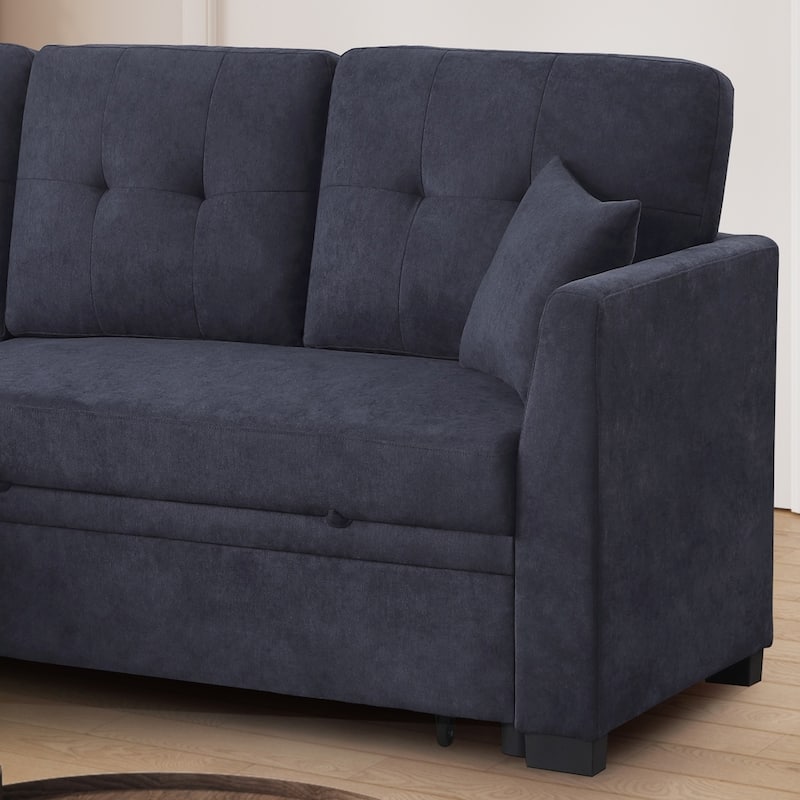 Dark Blue Sectional Sofa Bed, Space Saving, Wood Frame
