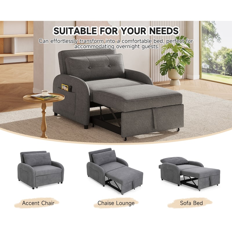 Single Sofa Bed Upholstered Sleeper Chair with Side Pocket, Convertible Chaise Lounge Pull-Out Sofa Bed with Adjustable Backrest