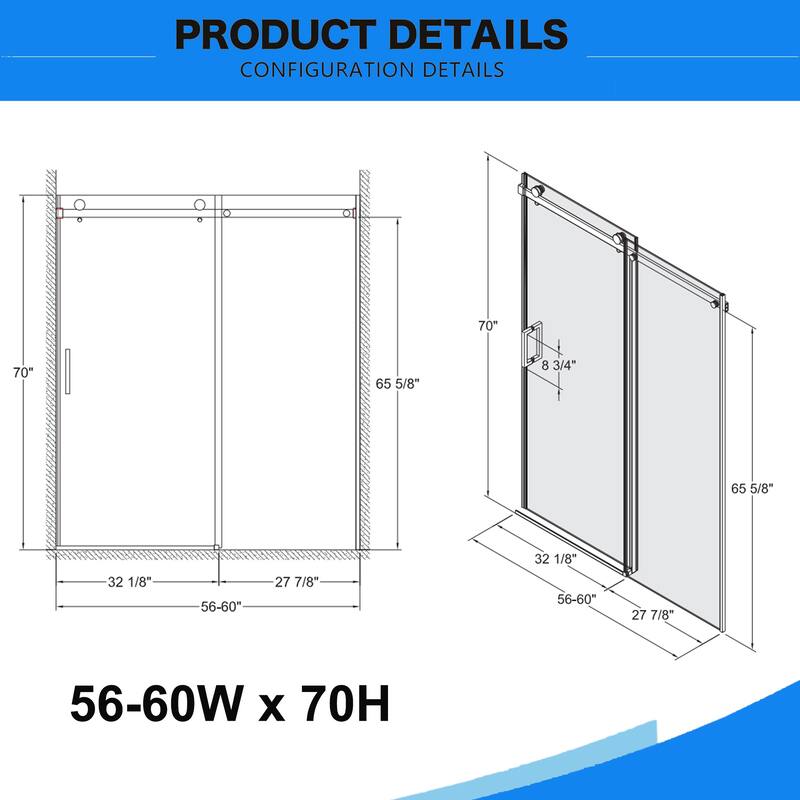 Topcraft 56“-60 ”W x 70 "H Frameless Shower Door - 60*70