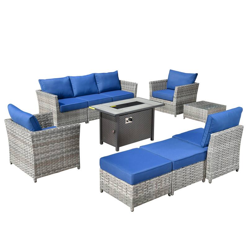 HOOOWOOO 10-piece Wicker Patio Furniture Sectional Set with Steel Fire Pit Table