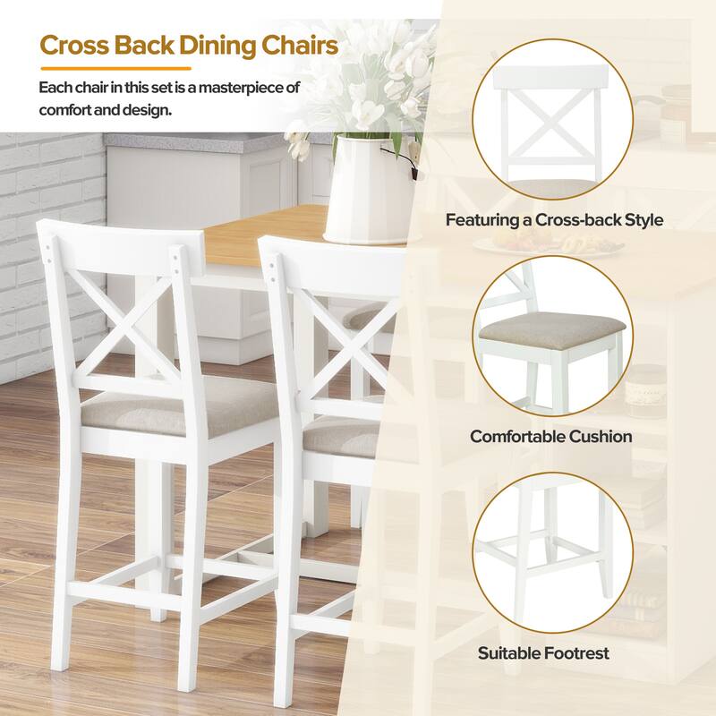 Solid Wood Farmhouse Counter Height Dining Table Set with 3-Tier Storage Shelves, Upholstered Dining Chairs for 4, 5-Piece