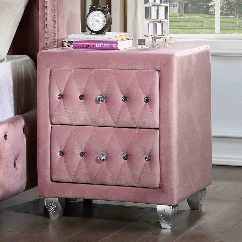 Glam Style Pink Upholstered Bedroom Set with Crystal Tufting
