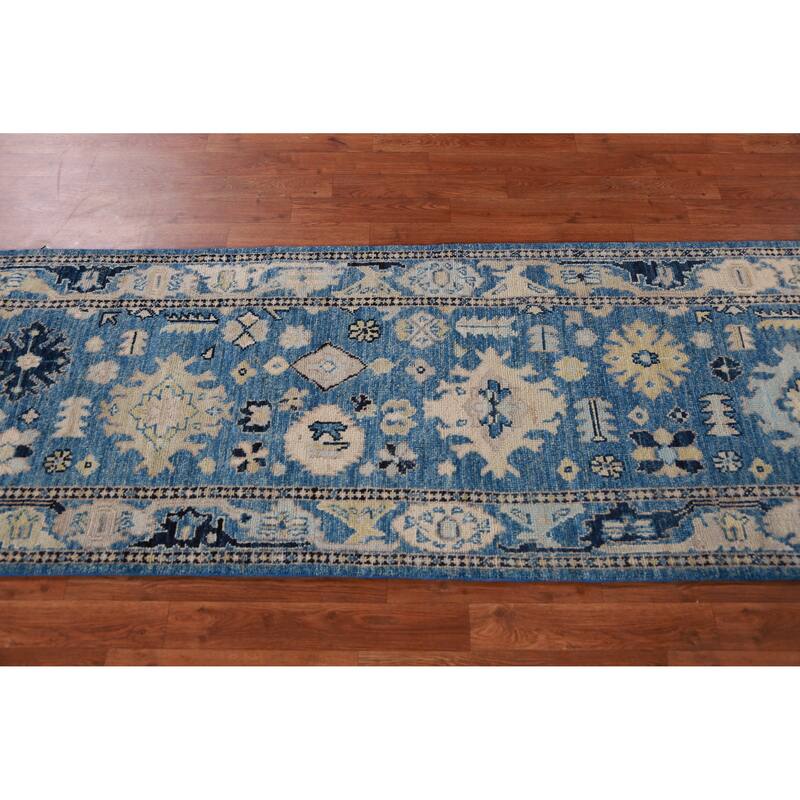 Hand Knotted Oriental 100% Wool Carpet Transitional All-Over Navy Blue & Blues Oushak Runner Rug - 9' 8'' X 2' 7''