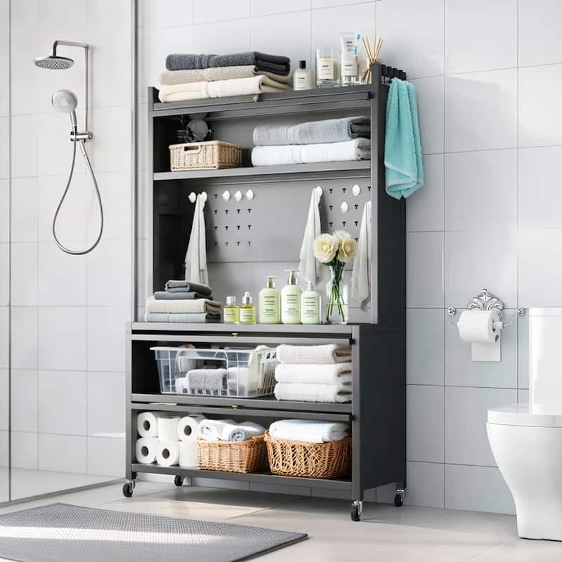 64" H Kitchen Pantry Cart with Storage Cabinet and Bakers Rack for Kitchen