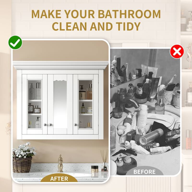 35" Bathroom Medicine Cabinet with Mirror, 5 Closed & Adjustable Shelves, Bathroom Wall Mounted Storage Cabinet with Glass Doors