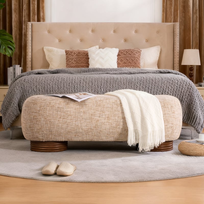 59-Inch Chenille Upholstered Ottoman Bench with Acacia Solid Wood Frame - 59.1"L x 19.1"H x 20.1"D