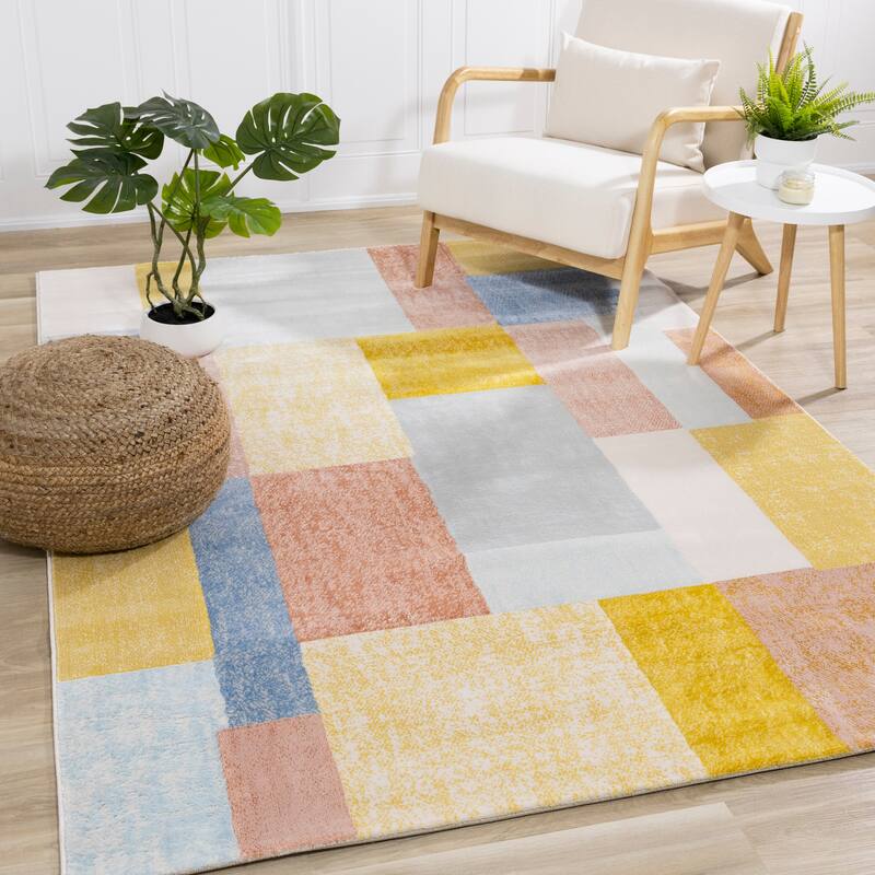 Bloom Collection - Colorful Blocks Area Rug, 5'3" x 7'7"