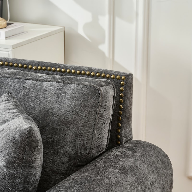 Living Room Deep Seat Rolled Arms Sofa Chenille Upholstered 3 Seater Couch with Wood Legs, Nailhead Trim and Pillows