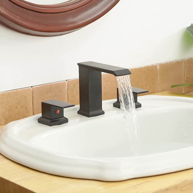 Waterfall Widespread Bathroom Faucet With Drain Assembly 3 Hole Bathroom Sink Faucets Double Handle 8 Inch Basin Vanity Taps
