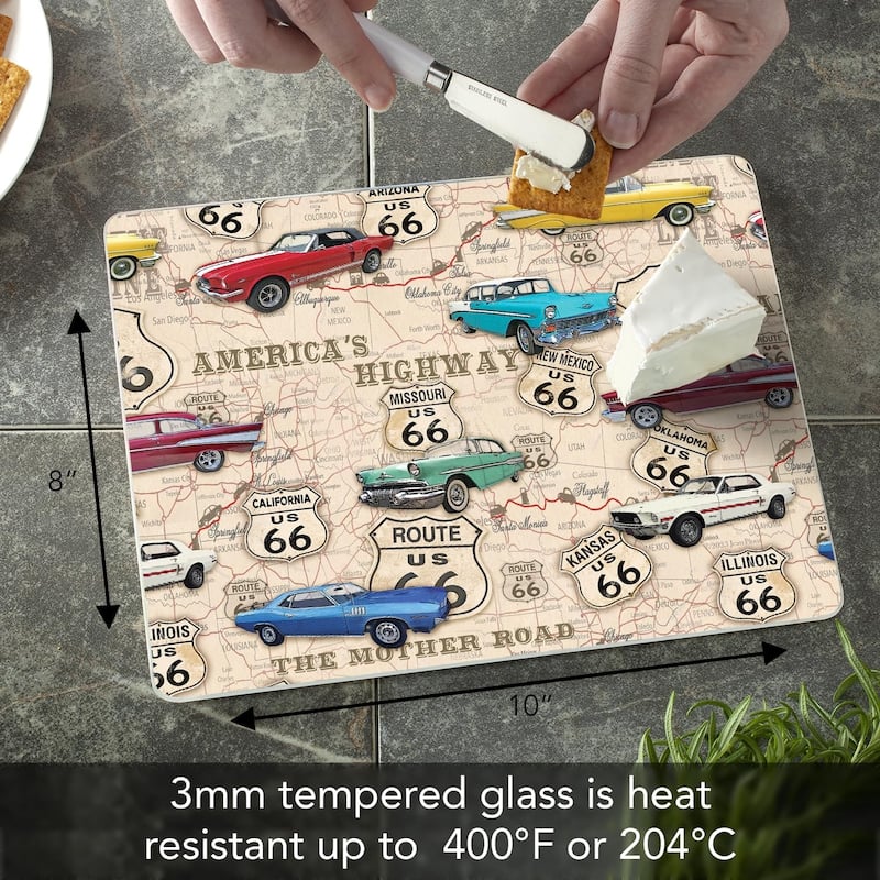 Route 66 Map 3mm Heat Tolerant Tempered Glass Cutting Board 10” x 8” Made in the USA Dishwasher Safe