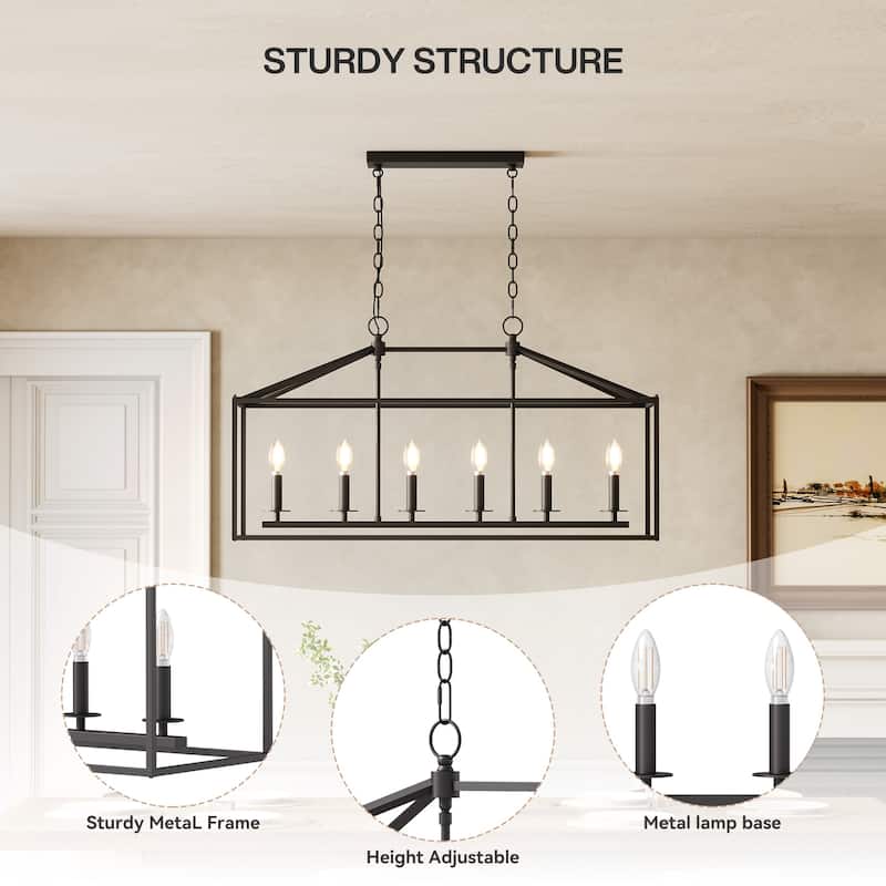 56.7 in. 6-Light Black Linear Chandelier with Caged Metal Shade, No Bulbs Included