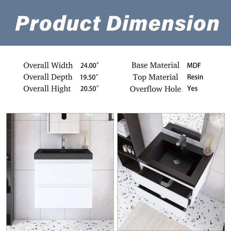 24/30/36 inch Wall-Mounted Bathroom Vanity Set in White with Integrated Black Resin Sink