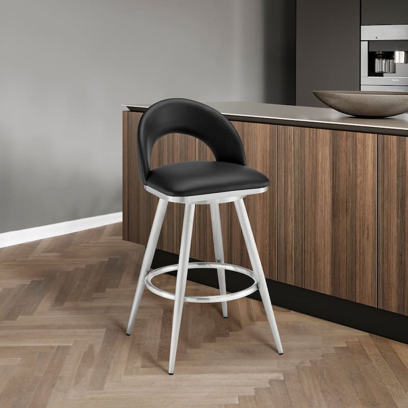Charlotte Faux Leather and Metal Swivel Counter or Bar Stool - Brushed Stainless Steel & Black - Bar Height
