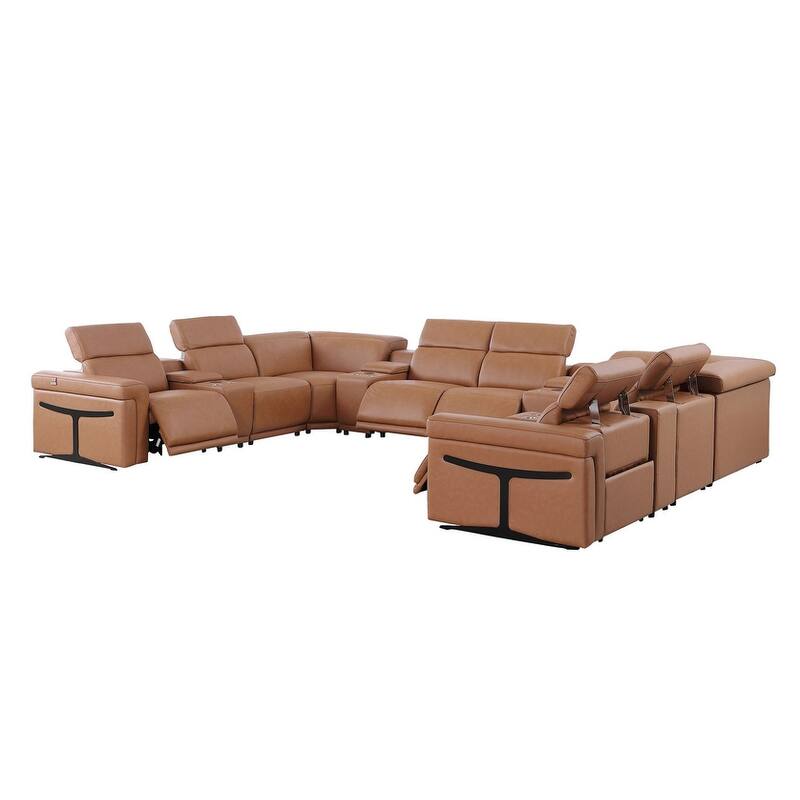 HomeRoots Chestnut Italian Leather Power Reclining U Shaped Ten Piece Corner Sectional With Console