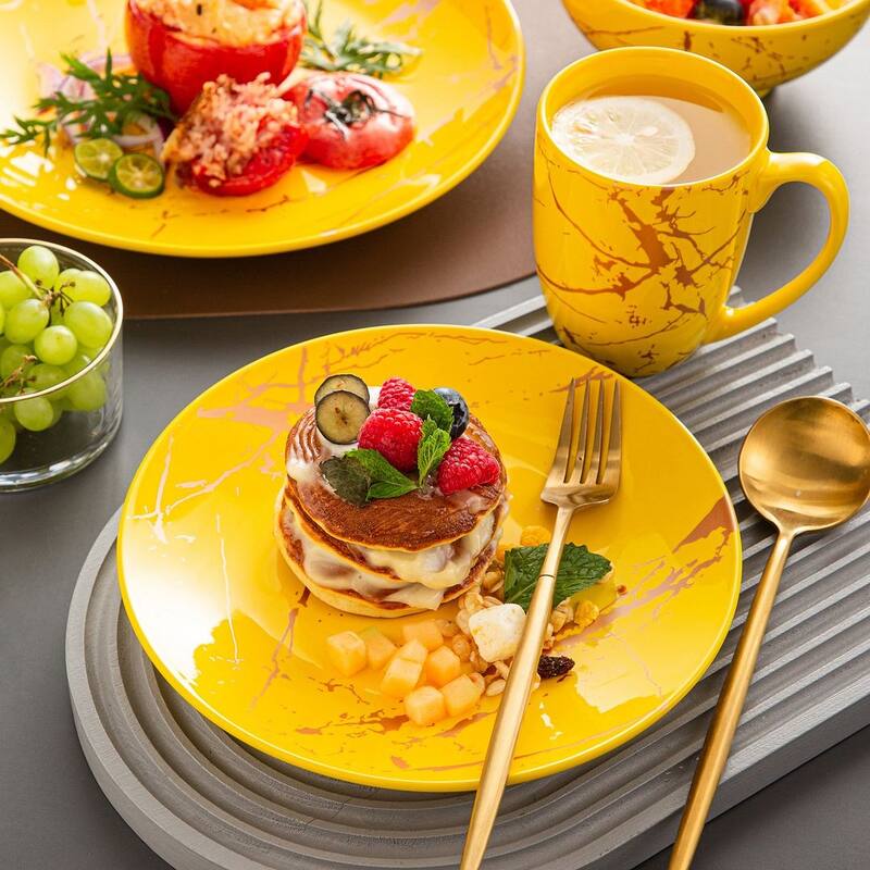 LOVECASA 16-Piece Porcelain Color Glaze with Gold Dinnerware Set