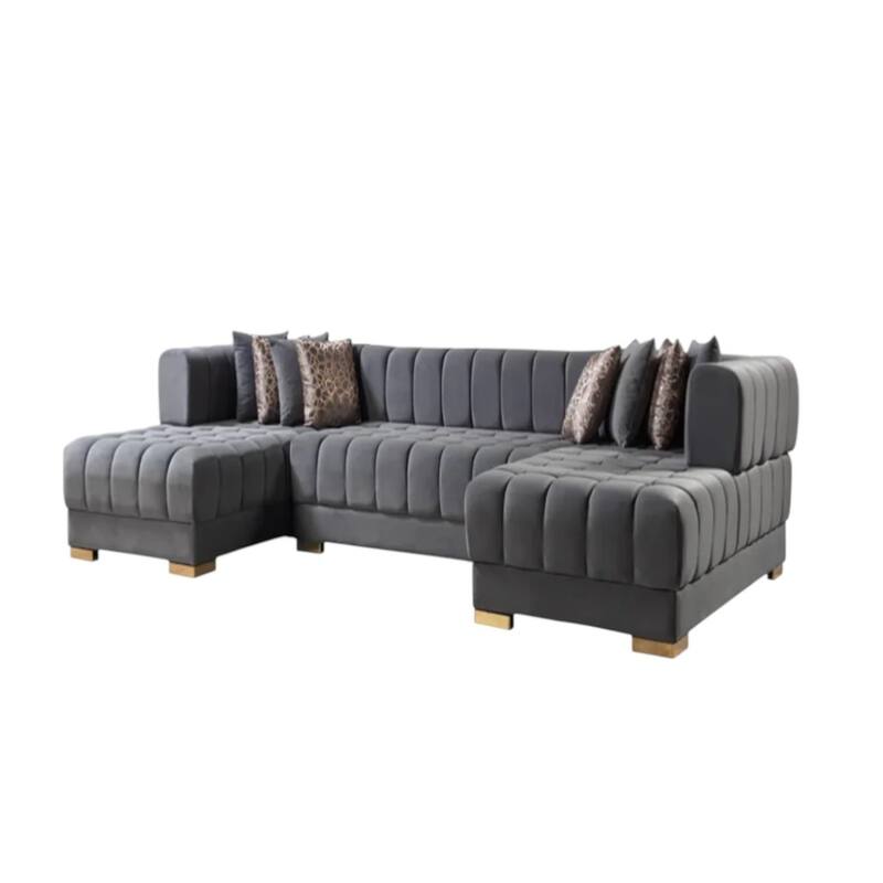 HomeRoots Gray Velvet U Shaped Three Piece Sofa and Chaise Sectional With Toss Pillows