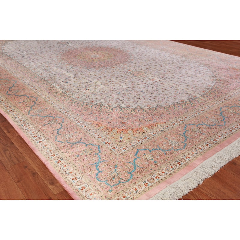 Hand Knotted Oriental 100% Silk Carpet Traditional Floral Beige & Ivories Qum Area Rug - 9' 11'' X 6' 5''