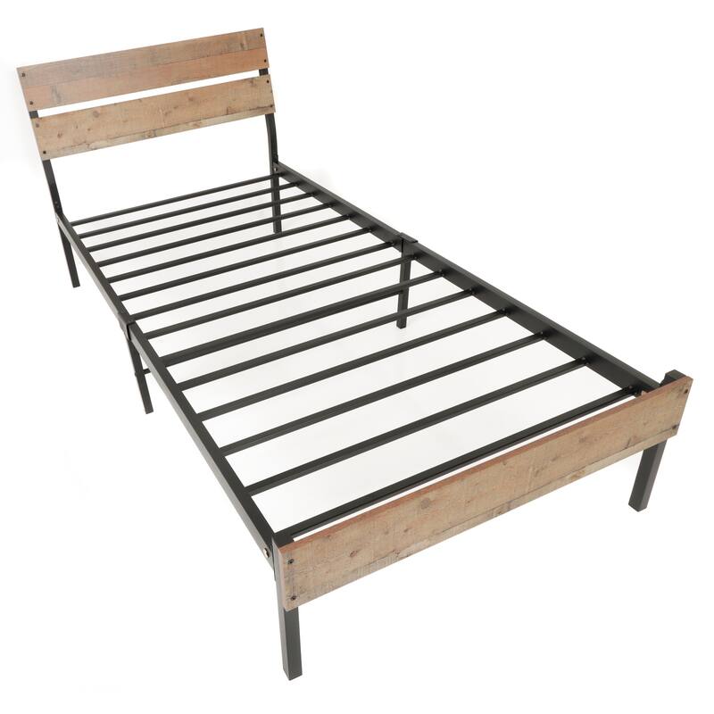 Twin Bed Frame Metal & Wood Style - Rustic Bed with Storage & Sturdy Base