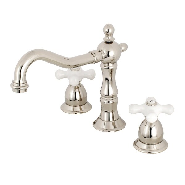 Kingston Brass KS197.PX Heritage 1.2 GPM Widespread Deck Mounted Bathroom Faucet with Cross Handles - Pop-Up Assembly Included